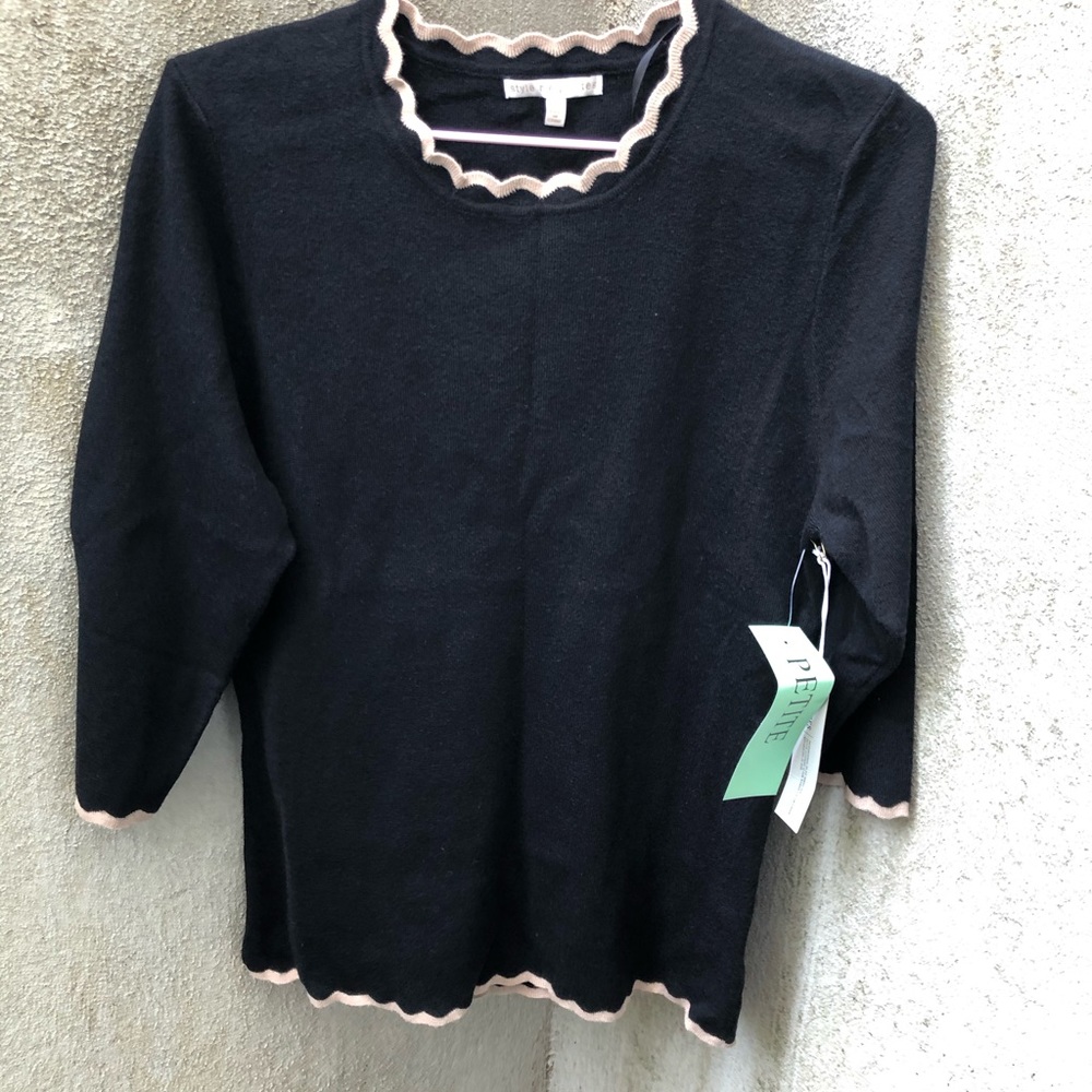 Style Me Petites Black Knit Scalloped Tan Piping